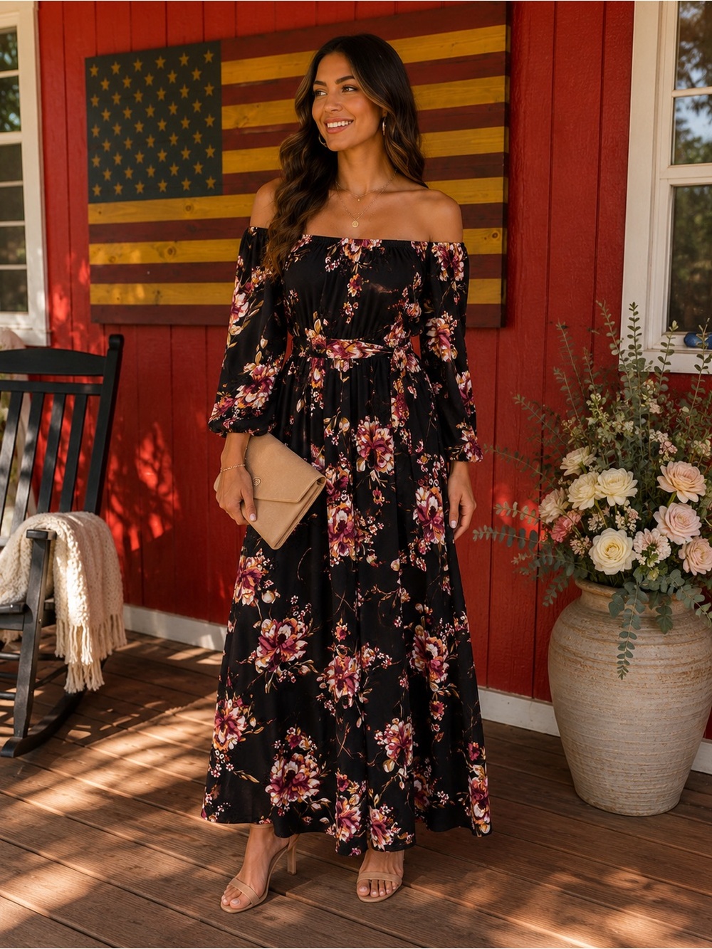 Women's Black Floral Off-Shoulder Maxi Dress